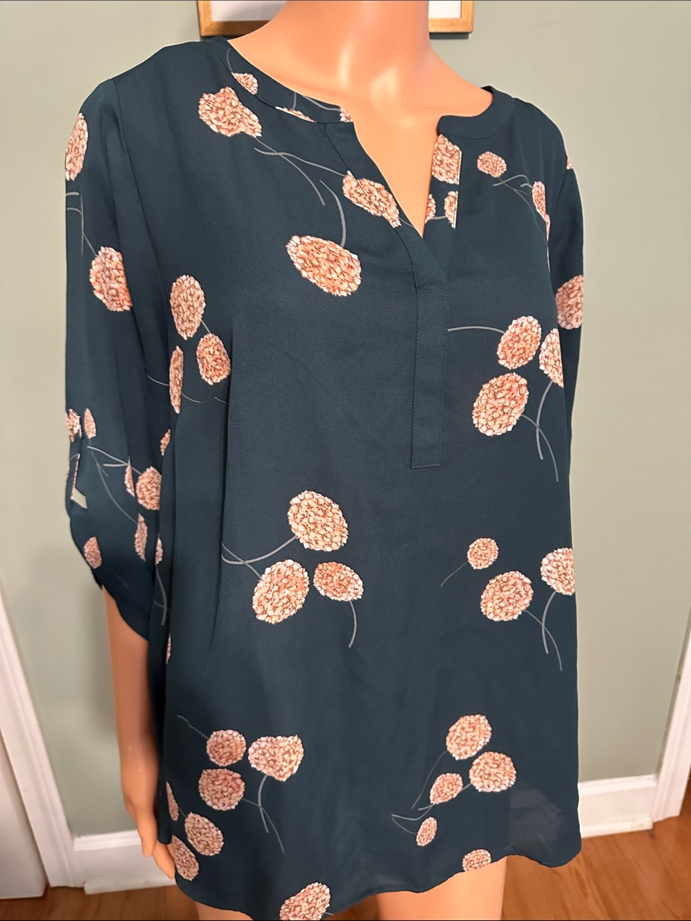 Daniel Rainn Dark Teal Floral Split-Neck Tunic with Blush Flower Accents